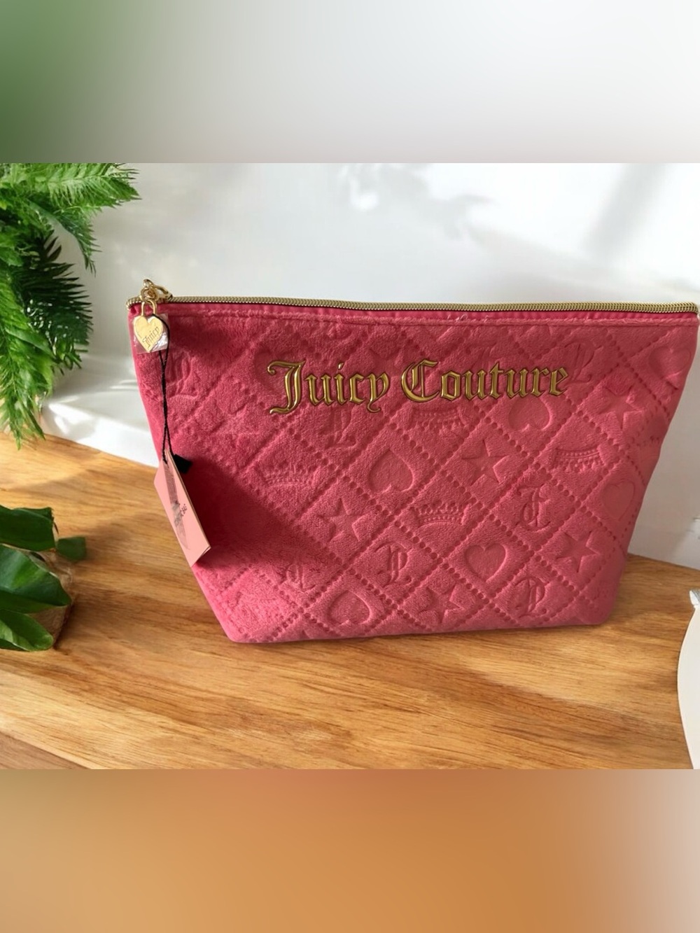 Juicy Couture Rose Quilted Logo Cosmetic Case with Gold Trim